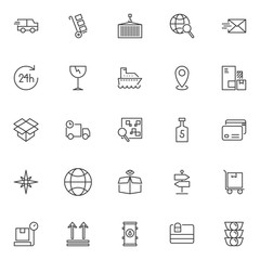 Logistic universal outline icons set. linear style symbols collection, line signs pack. vector graphics. Set includes icons as express delivery truck, trolley handcart with cardboard boxes, cargo 