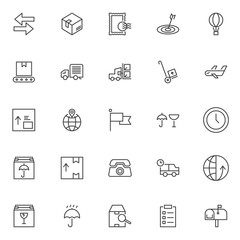 Logistic outline icons set. linear style symbols collection, line signs pack. vector graphics. Set includes icons as arrow left right, delivery box, post stamp, target dartboard, conveyor belt