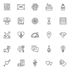 Love and Valentine's day outline icons set. linear style symbols collection, line signs pack. vector graphics. Set includes icons as Party love flags, Hearts with donate box, Elixir of love drink