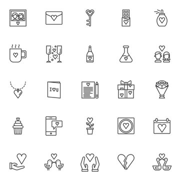 Love outline icons set. linear style symbols collection, line signs pack. vector graphics. Set includes icons as Couple picture with heart, Love letter with heart, Chocolate bar, Perfume , cup drink