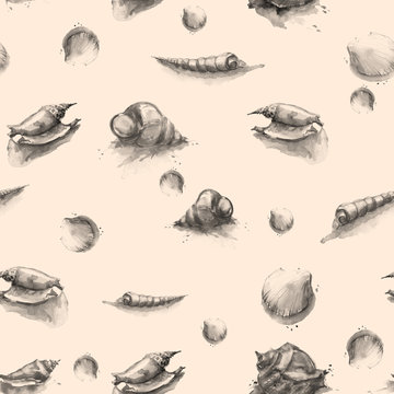 Watercolor seamless pattern with a pattern - shell, mollusk, underwater inhabitants. Set of underwater life objects. On a wbeige background.Vintage fashion background from beautiful handmade drawings!
