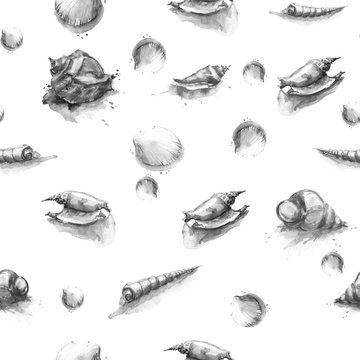 Watercolor seamless pattern with a pattern - shell, mollusk, underwater inhabitants. Set of underwater life objects. On a white background