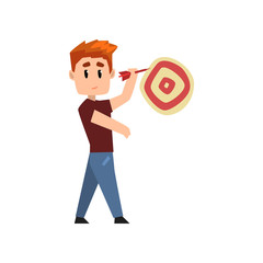 Young man playing darts, man aiming with a dart at the target vector Illustration on a white background