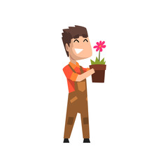 Male florist holding flowerpot, hobby or profession vector Illustration on a white background