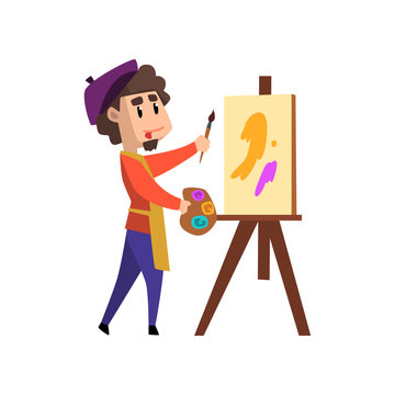 Male artist character holding palette and brush standing near easel, craft hobby or profession vector Illustration on a white background