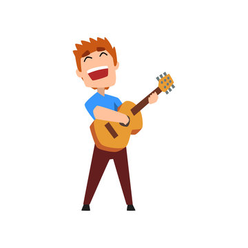 Male musician playing classical guitar and singing, hobby or profession vector Illustration on a white background