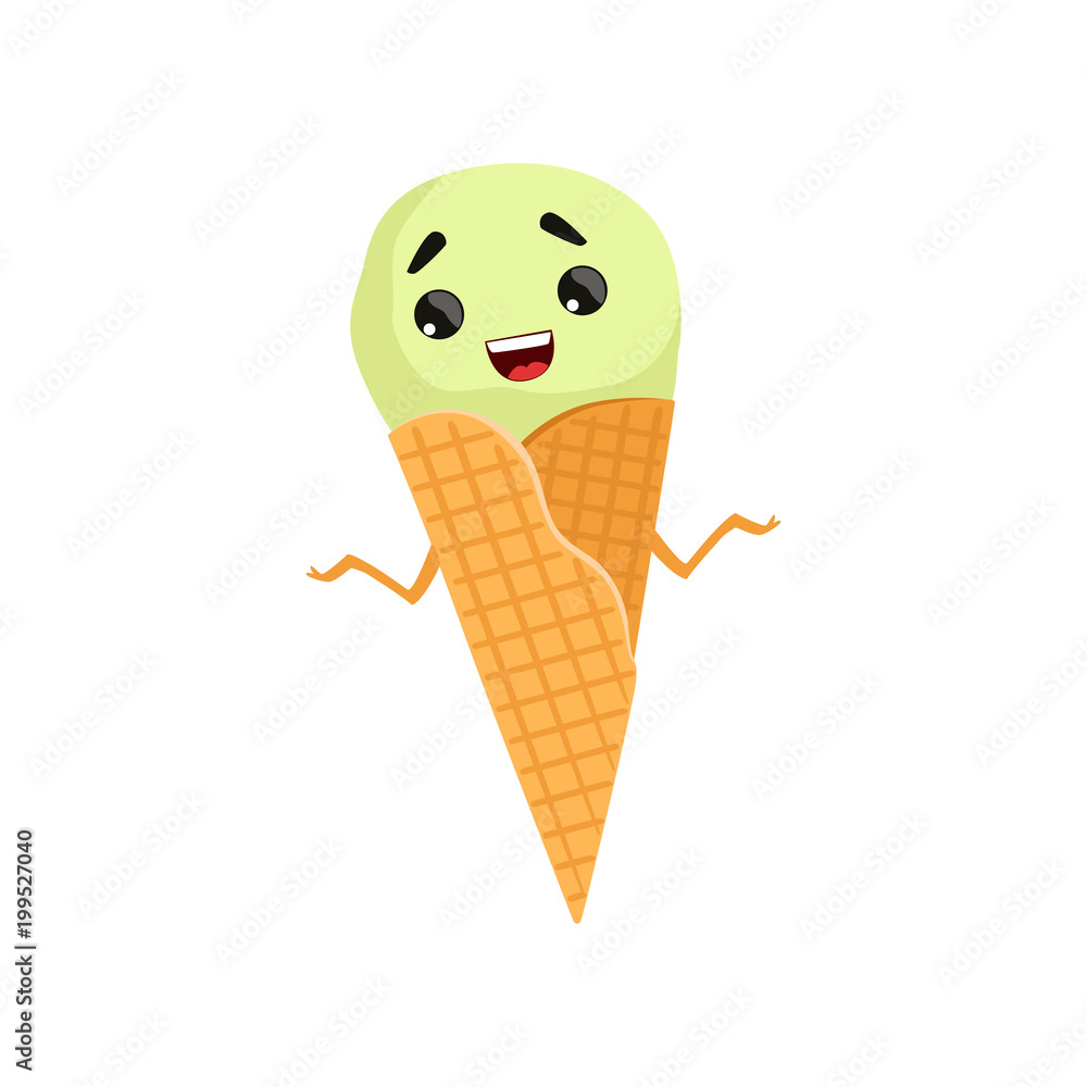 Wall mural Cartoon character of ice-cream in waffle cone. Tasty frozen dessert with funny face and little hands. Flat vector design for sticker or print