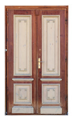 This homemade village door was repaired many times. Visible shades of blue, pink and yellow colors.