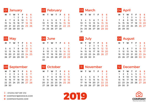 Simple calendar for 2019 year. Vector design print template. Week starts on Sunday