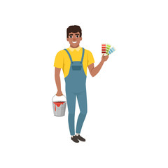 Male painter in uniform standing and holding palette guide and bucket of paint, house renovation concept vector Illustration on a white background