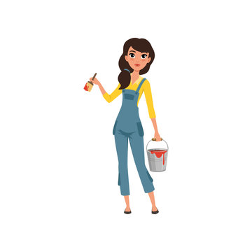 Female painter in uniform standing with paint brush and bucket in her hands, house renovation concept vector Illustration on a white background