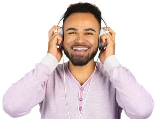 Portrait of a cheerful young afro american man listening to music with headphones