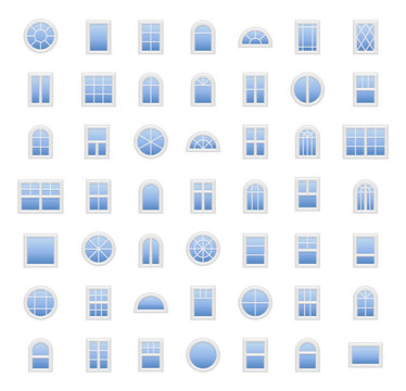 Plastic windows. Architecture elements. Flat colored icons. Traditional, french, arch and round window frames. Isolated on white background.
