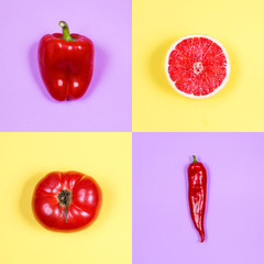 Creative flat lay of red vegetables: tomato, grapefruit and peppers