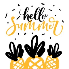 hello summer poster with pineapple and hand drawn lettering