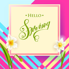 Square banner with daffodils on the corners. Hello spring. Bright yellow banner with bokeh. Vector flower.