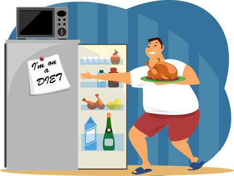 a fat man eats from a refrigerator