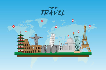 Fototapeta premium Travel and tourism . Road trip . Landmarks and pin map . Modern flat design. backpacker. background