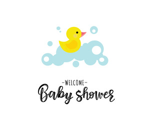 Vector illustration of a baby shower Invitation with a cute yellow duck