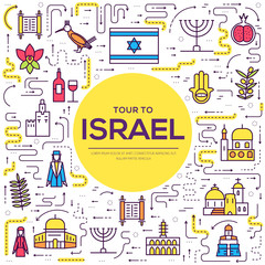 Country Israel travel vacation guide of goods, place and feature. Set of architecture, fashion, people, item, nature background concept. Infographic traditional ethnic flat, outline, thin line icon