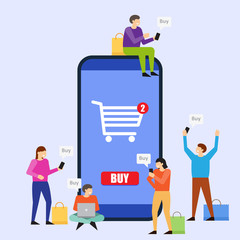 Young people using mobile smartphone for purchasing.