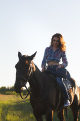 Fototapeta premium Portrait of a cowgirl - young woman and horse in the meadow at sunny summer