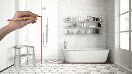 Hand drawing custom classic vintage bathroom with bathtub, shower and shelves. Tailored unfinished...