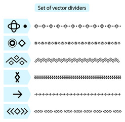 Obraz premium Set vector Dividers isolated on white background. Geometric horizontal vintage line border. Collection of decorative page rules. Black dividers line.