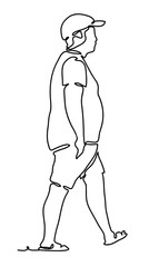 The man, guy in the baseball cap, on a white background, Continuous line drawing. Vector monochrome, drawing by lines. People in the Park. sketch