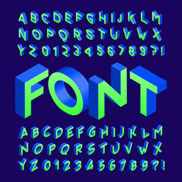 Bright isometric alphabet font. Three-dimensional effect letters and numbers. Stock vector typography for your design.