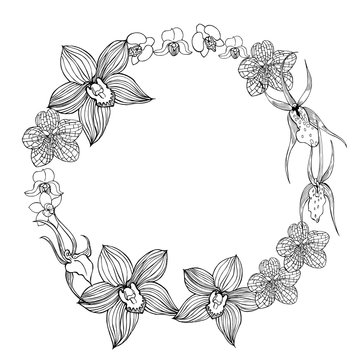 Floral wreath  with hand drawn orchids. Vector sketch illustration