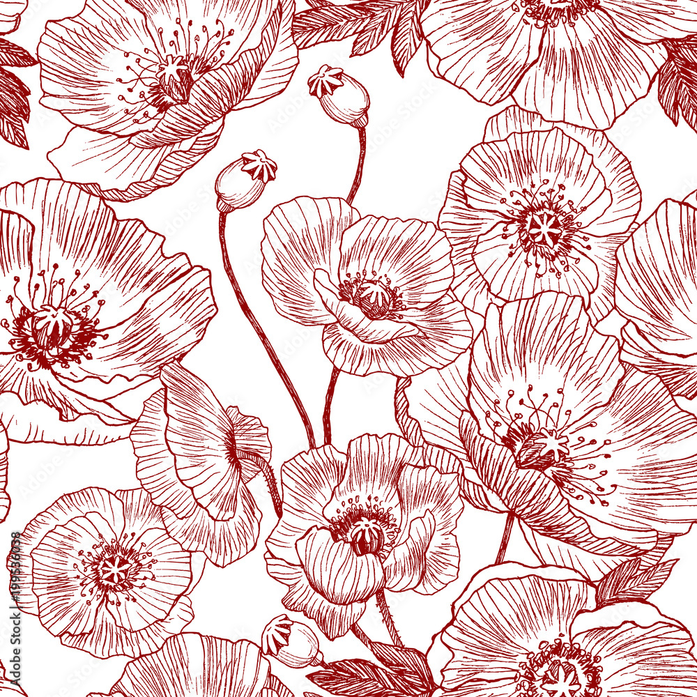 Wall mural seamless pattern. california poppy flowers drawn and sketch with line-art on white backgrounds. vect