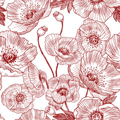 Seamless pattern. California poppy flowers drawn and sketch with line-art on white backgrounds. Vector design - 199536038