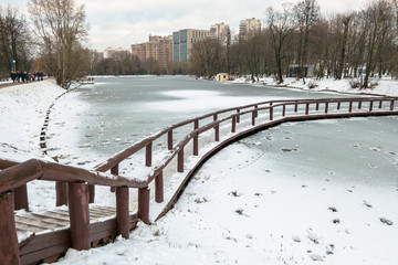 MOSCOW. RUSSIA. DECEMBER,03.2017: Desolated pensive frozen pond in city park is mysterious and full of sad harmony so on a cloudy winter day it looks like a Snow Queen`s estate.