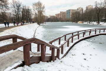 Fototapeta premium MOSCOW. RUSSIA. DECEMBER,03.2017: Desolated pensive frozen pond in city park is mysterious and full of sad harmony so on a cloudy winter day it looks like a Snow Queen`s estate.