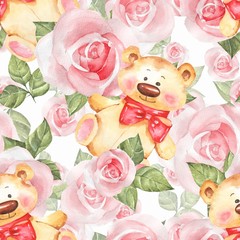 Obraz na płótnie Canvas Roses and Teddy Bear. Watercolor floral seamless pattern