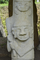 Fototapeta na wymiar Ancient pre-columbian statues in San Agustin, Colombia. Archaeological Park, an altitude of 1800 meters at the source of the Magdalena River, in the Valley of the statues.