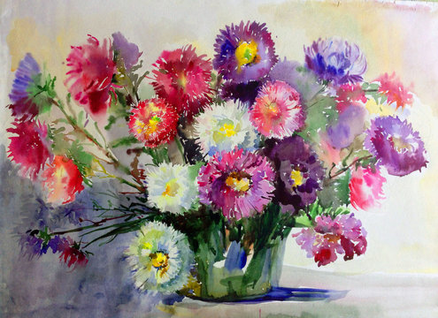 watercolor art  background floral  aster flowers nature garden blossom   bloom painting bright  textured  decoration  hand beautiful colorful delicate romantic