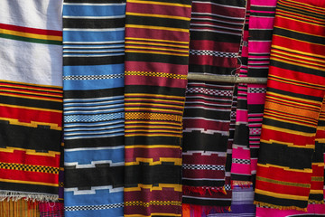 Close-up of traditional fabrics from Dorze tribe in Chencha, Ethiopia.