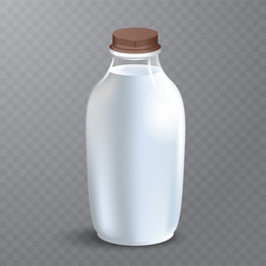 White glossy plastic bottle with screw cap for dairy products milk, drink yogurt, cream, dessert. Realistic packaging mockup template. Front view. Vector illustration.