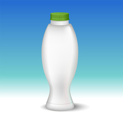 White glossy plastic bottle with screw cap for dairy products milk, drink yogurt, cream, dessert. Realistic packaging mockup template. Front view. Vector illustration.