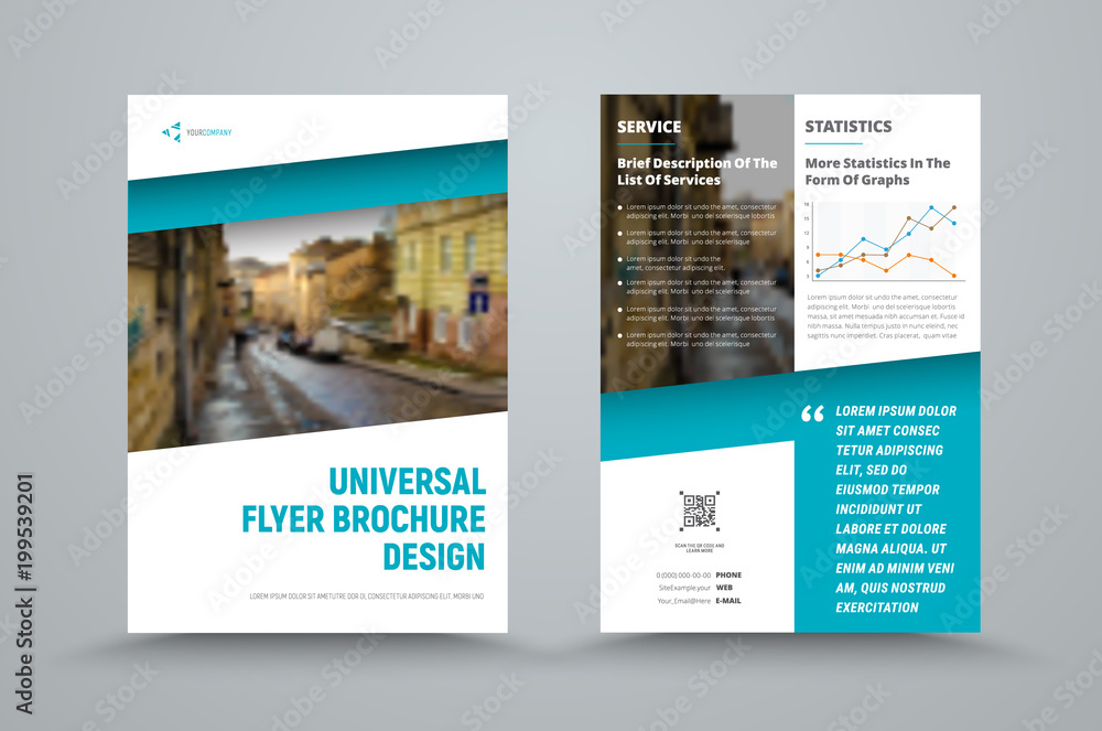 Poster design of the universal vector brochure with the diagonal blue and the place for the photo