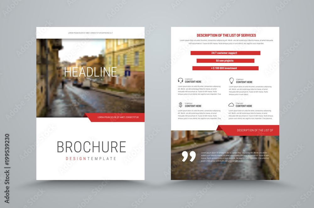 Poster design of the cover and back side of the business brochure with a place for photo and red design ele