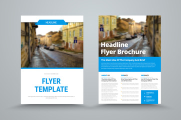 business flyer template with a place for photos and blue design elements.