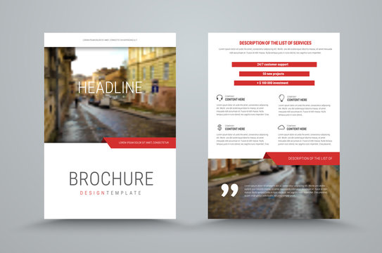 design of the cover and back side of the business brochure with a place for photo and red design elements
