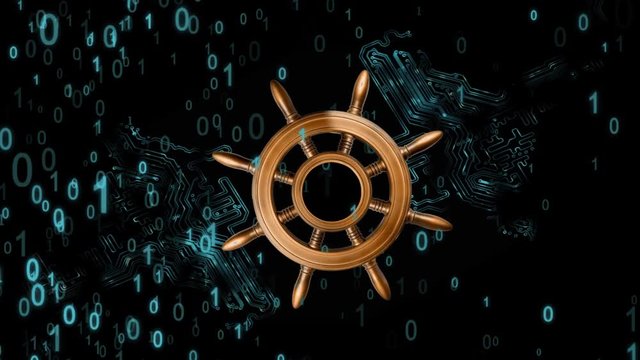 Navigation by information technology sea. Steering wheel spins against the backdrop of element of the motherboard pattern with divergent light rays, and binary code. Leadership concept in technology.