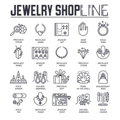 Set of different icons dedicated to jewelry shop in thin line style. Linear symbol pack. Modern template of thin line icons, logo, symbols, pictogram and flat illustrations concept