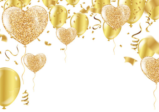 Golden balloons in the shape of a heart on a background the shape of a heart on a white background