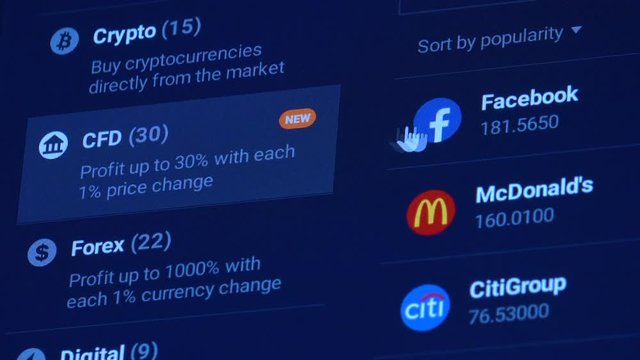 A list of online exchanges and their products on a computer screen - closeup