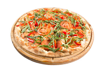 Italian kitchen and cooking concept. Hot tasty sliced ingredients arugula, tomato, paprika. Eat delivery.